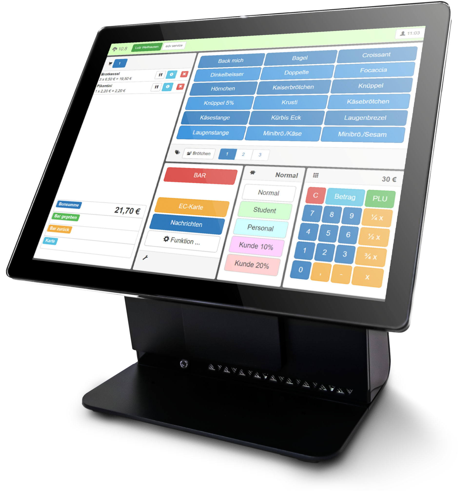 cano.POS Kassensystem - Touchscreen mit Produktbuttons, Warengruppen und Zahlungsoptionen